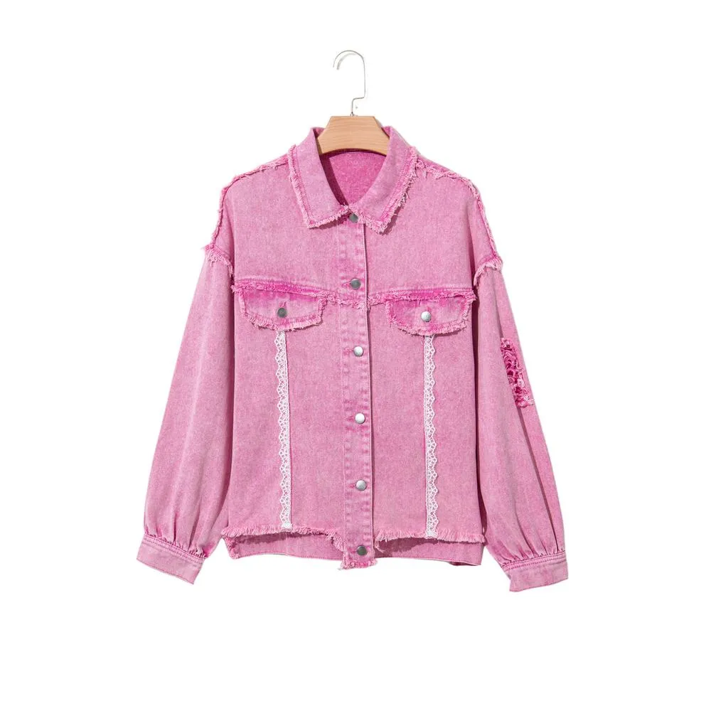 Azura Exchange Pink Lace Patchwork Distressed Buttoned Denim Jacket
