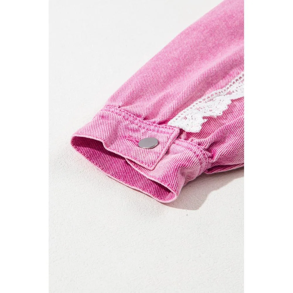 Azura Exchange Pink Lace Patchwork Distressed Buttoned Denim Jacket