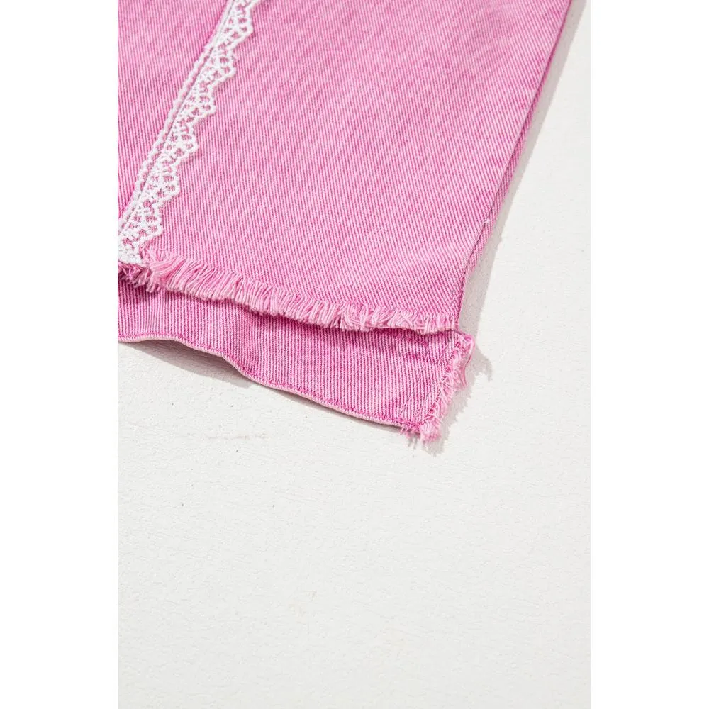 Azura Exchange Pink Lace Patchwork Distressed Buttoned Denim Jacket
