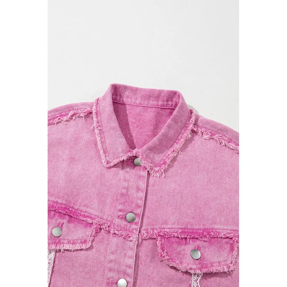 Azura Exchange Pink Lace Patchwork Distressed Buttoned Denim Jacket