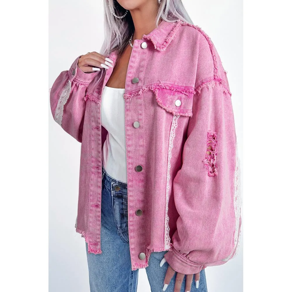 Azura Exchange Pink Lace Patchwork Distressed Buttoned Denim Jacket