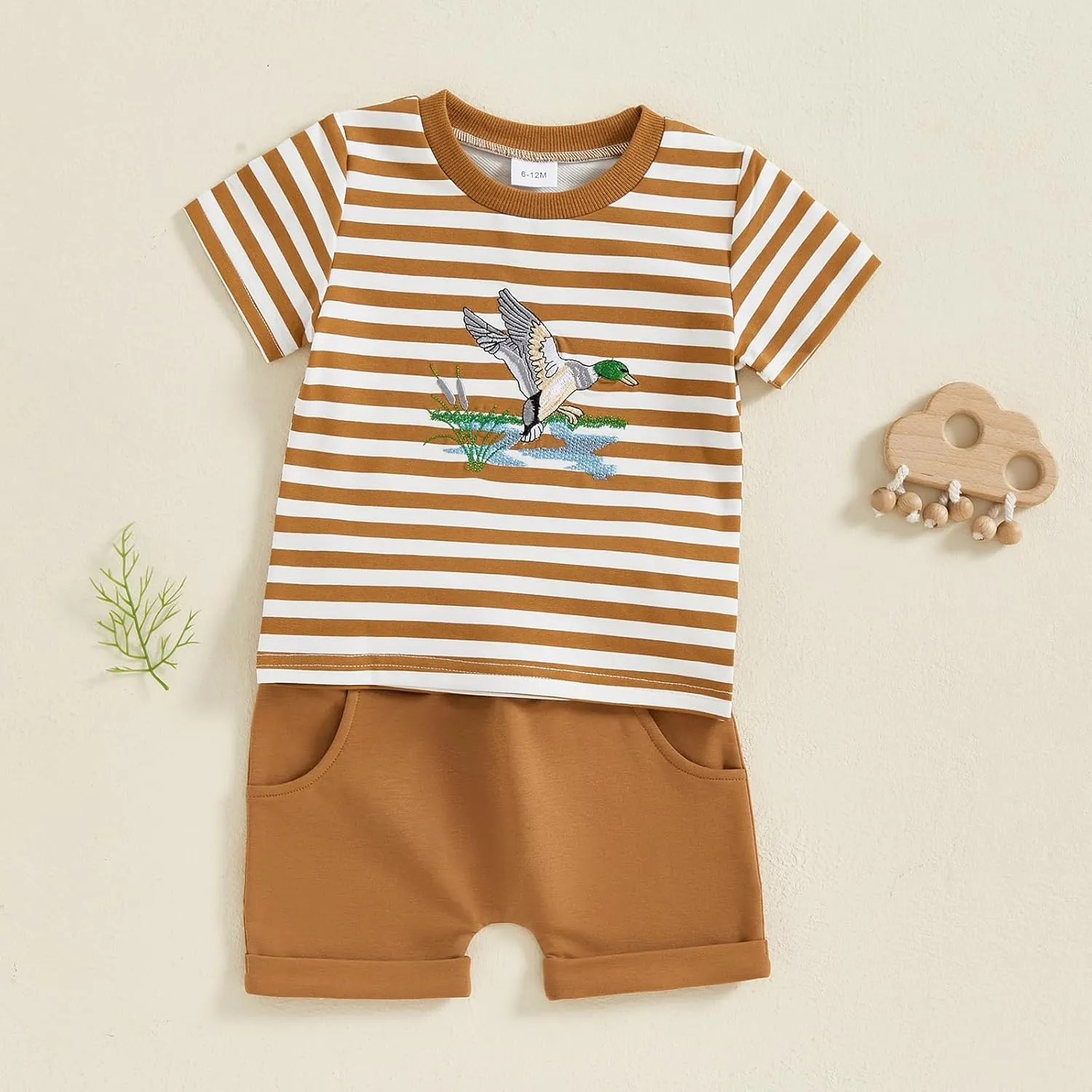 Baby Toddler Boy Summer Clothes Duck Embroidery Striped Short Sleeve T-shirts Solid Color Elastic Waist Shorts 2Pcs Outfit