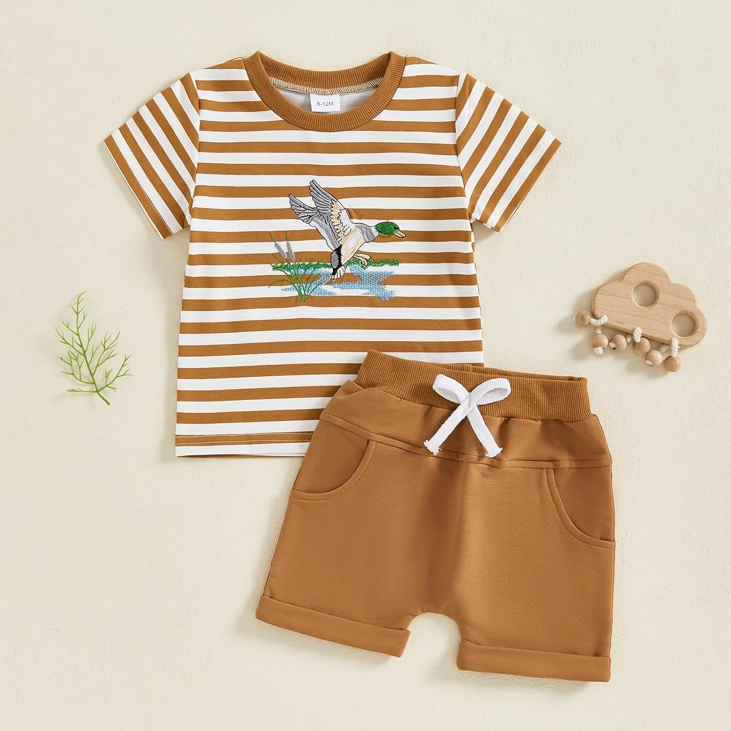 Baby Toddler Boy Summer Clothes Duck Embroidery Striped Short Sleeve T-shirts Solid Color Elastic Waist Shorts 2Pcs Outfit