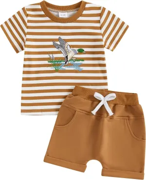 Baby Toddler Boy Summer Clothes Duck Embroidery Striped Short Sleeve T-shirts Solid Color Elastic Waist Shorts 2Pcs Outfit