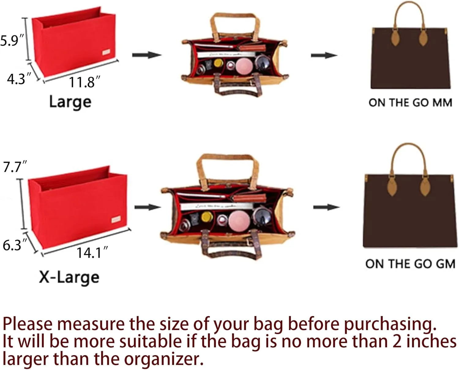 Bag Organizer Insert,Tote Bag Insert For On The Go MM, Handbag Inner Organizer,Handbag Storage,Tote Bags Felt Liner with Zipper(Red,L)