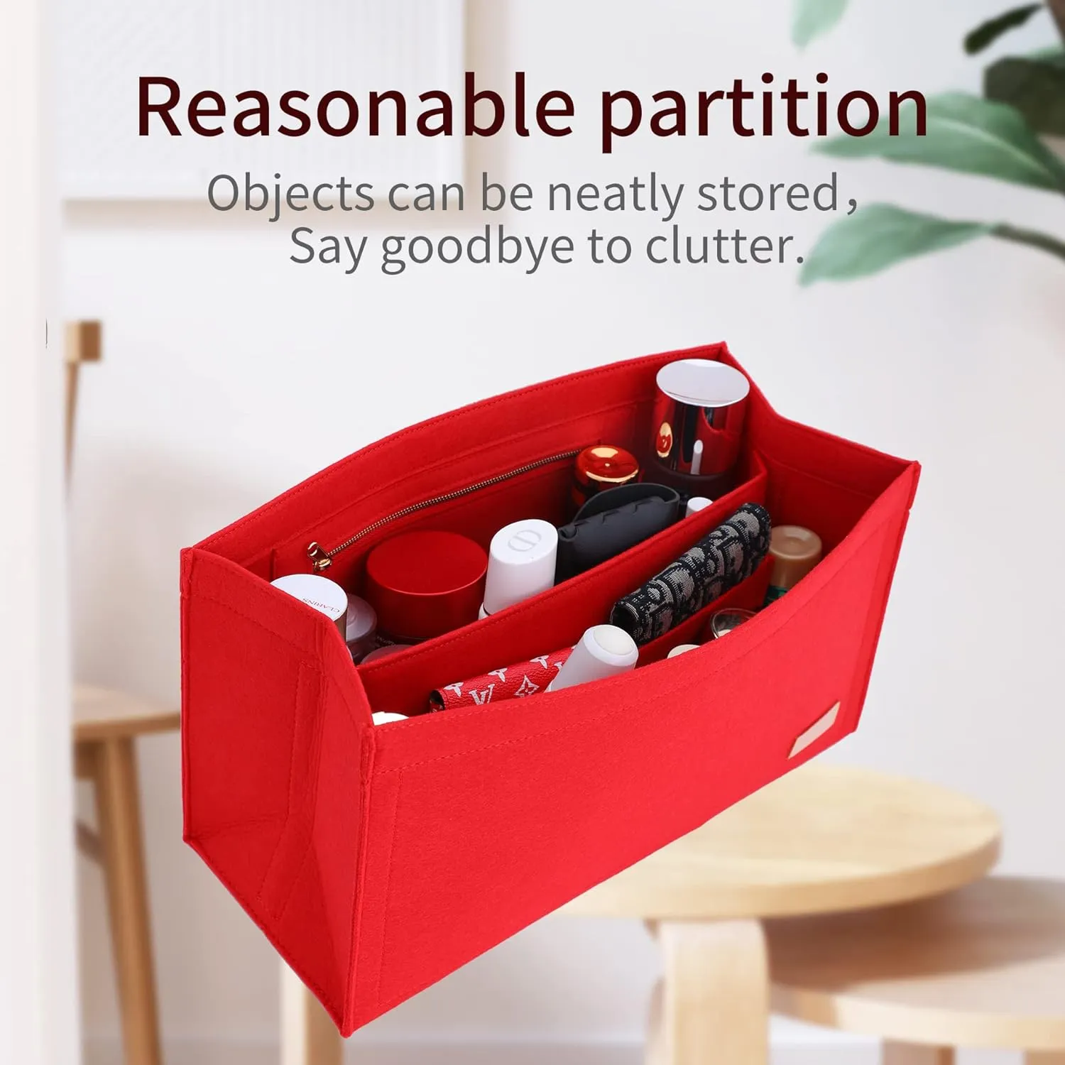 Bag Organizer Insert,Tote Bag Insert For On The Go MM, Handbag Inner Organizer,Handbag Storage,Tote Bags Felt Liner with Zipper(Red,L)