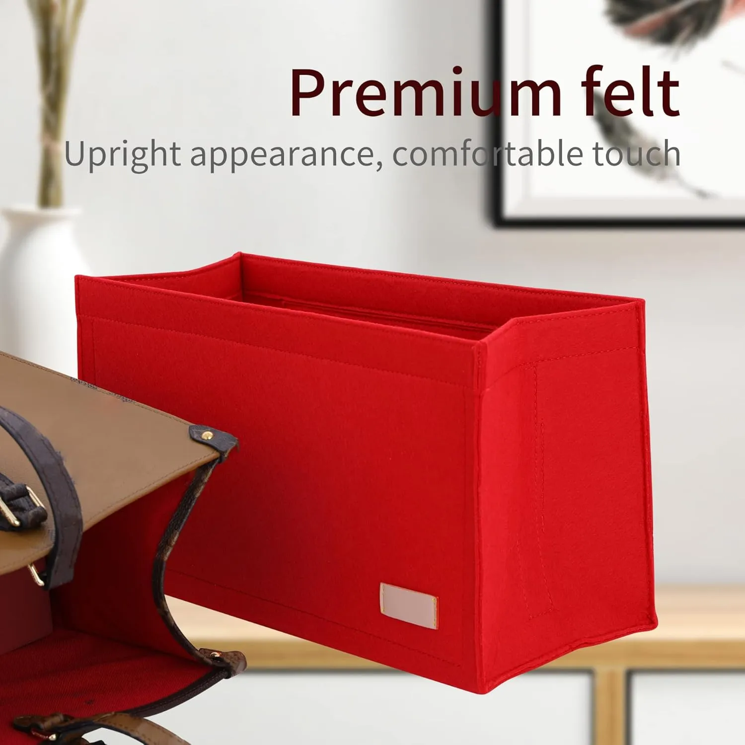Bag Organizer Insert,Tote Bag Insert For On The Go MM, Handbag Inner Organizer,Handbag Storage,Tote Bags Felt Liner with Zipper(Red,L)