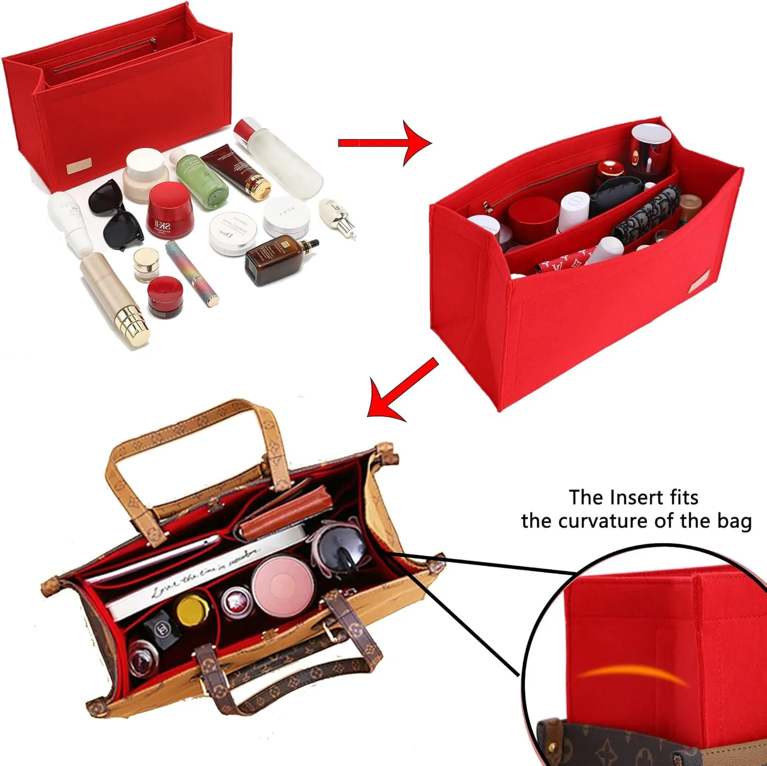Bag Organizer Insert,Tote Bag Insert For On The Go MM, Handbag Inner Organizer,Handbag Storage,Tote Bags Felt Liner with Zipper(Red,L)