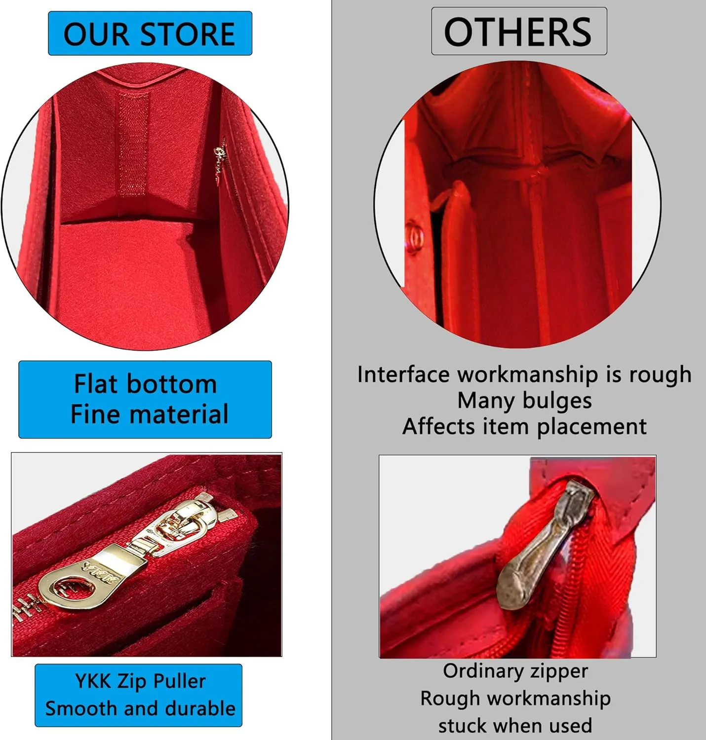 Bag Organizer Insert,Tote Bag Insert For On The Go MM, Handbag Inner Organizer,Handbag Storage,Tote Bags Felt Liner with Zipper(Red,L)