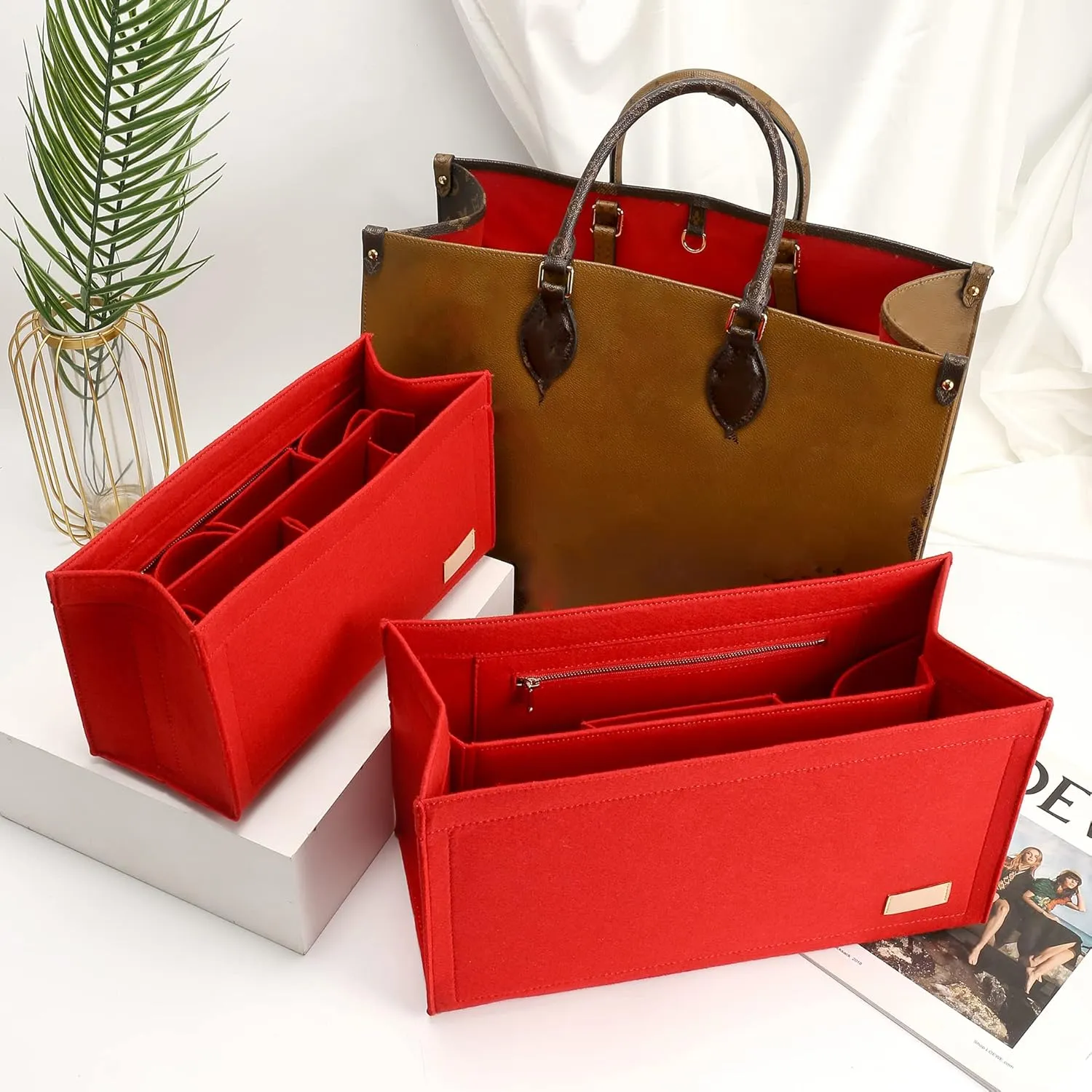 Bag Organizer Insert,Tote Bag Insert For On The Go MM, Handbag Inner Organizer,Handbag Storage,Tote Bags Felt Liner with Zipper(Red,L)
