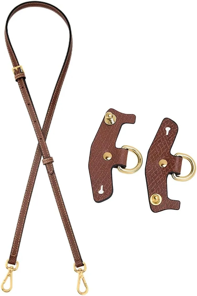 Bag Transformation for Longchamp Straps Punch-Free Long Real Leather Wide Shoulder Strap Crossbody Strap Bag Accessories (Color : Brown Gold Set)