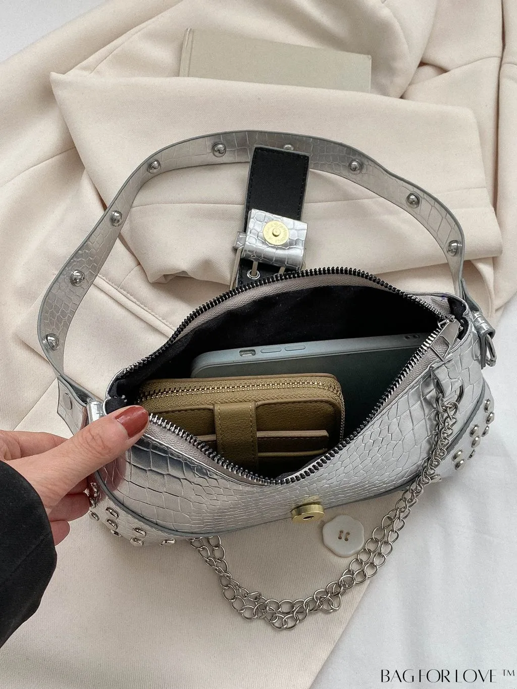 BagForLove - Crocodile Embossed Baguette Bag with Studded & Buckle Embellishments