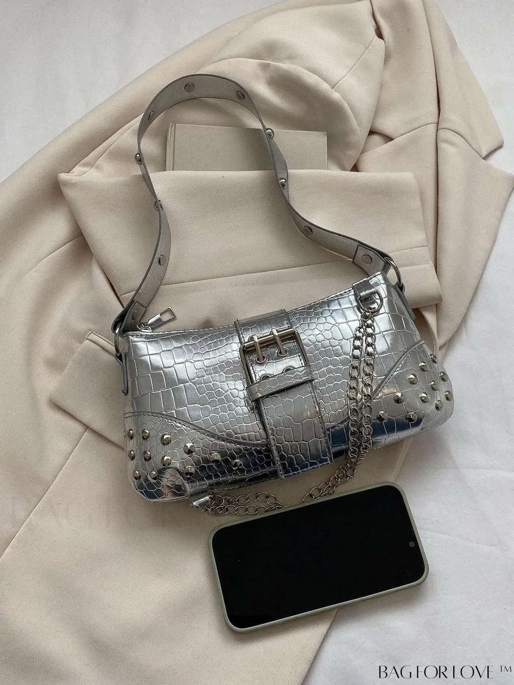 BagForLove - Crocodile Embossed Baguette Bag with Studded & Buckle Embellishments