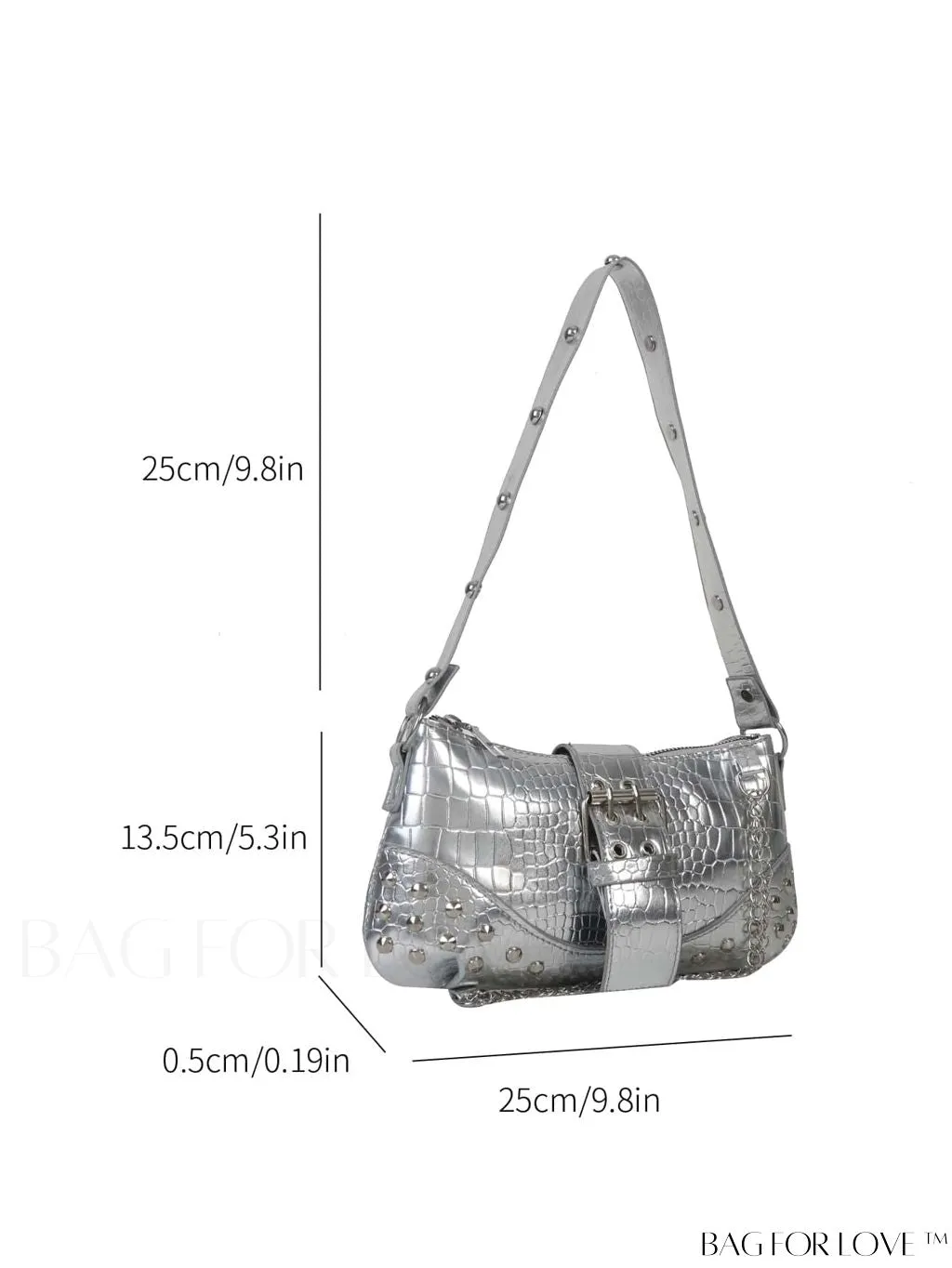 BagForLove - Crocodile Embossed Baguette Bag with Studded & Buckle Embellishments