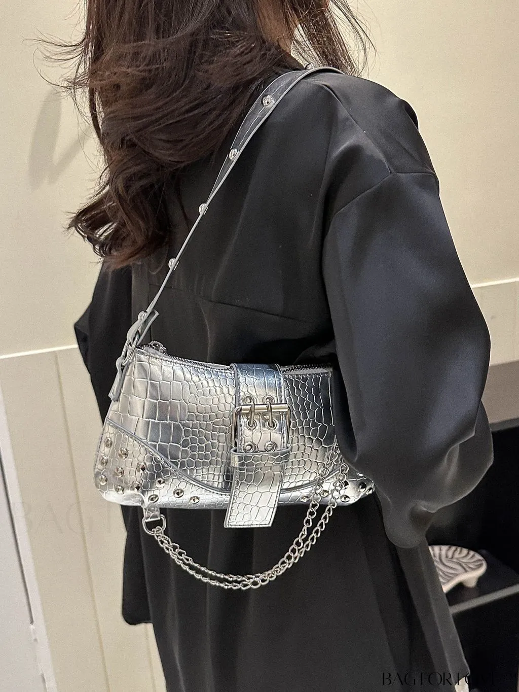 BagForLove - Crocodile Embossed Baguette Bag with Studded & Buckle Embellishments