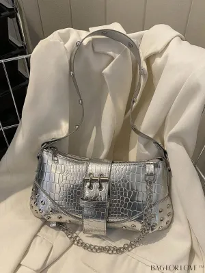 BagForLove - Crocodile Embossed Baguette Bag with Studded & Buckle Embellishments