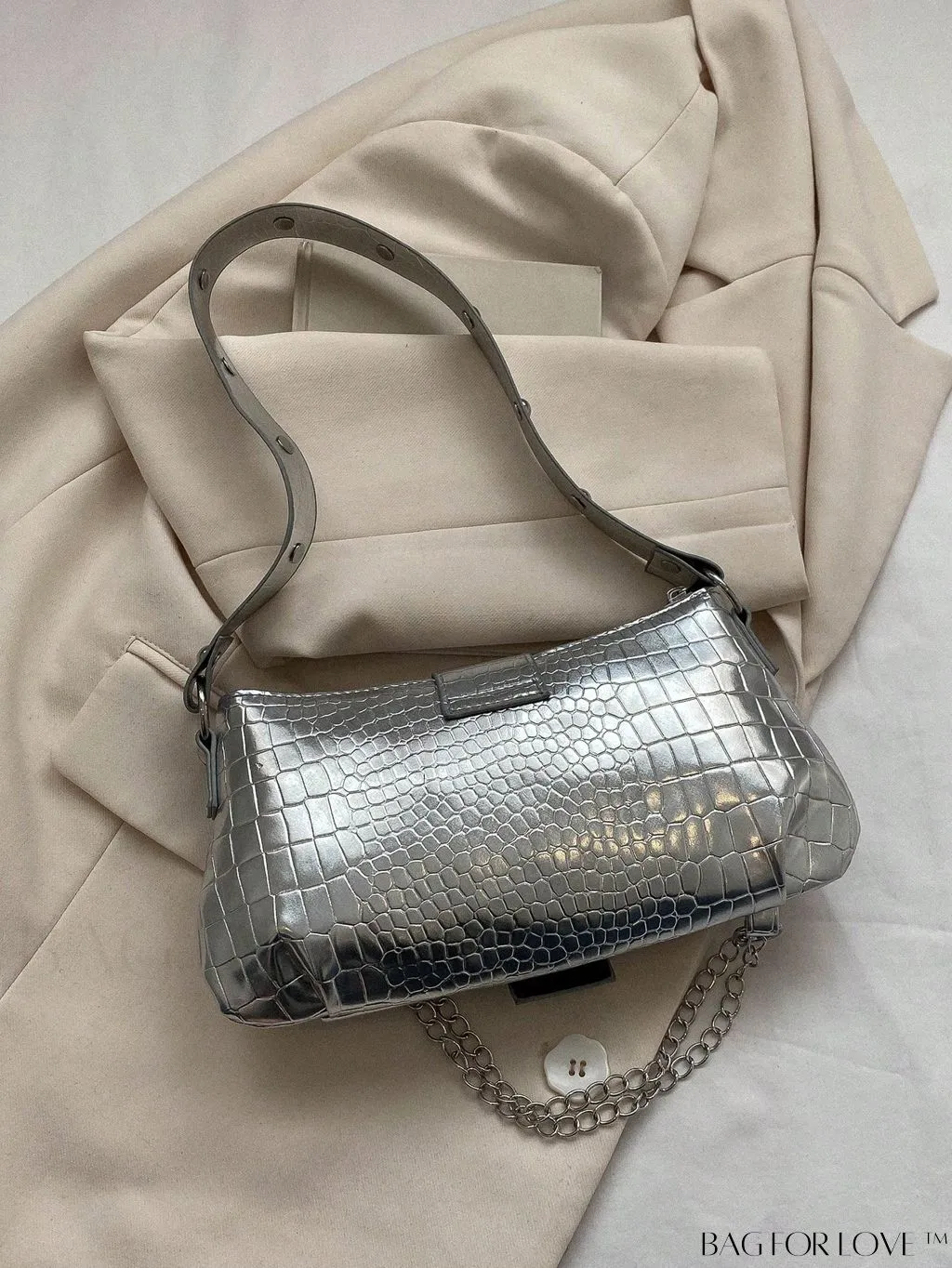 BagForLove - Crocodile Embossed Baguette Bag with Studded & Buckle Embellishments