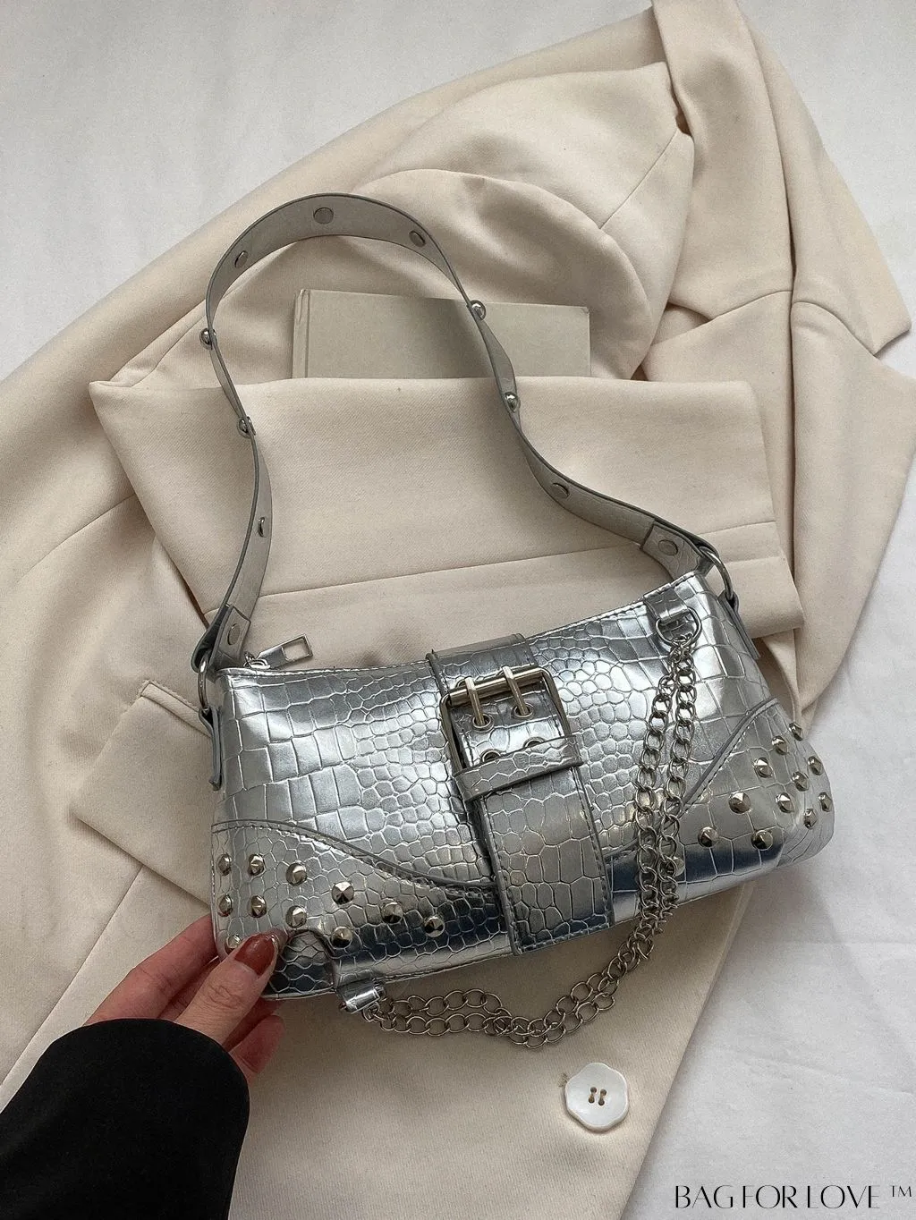 BagForLove - Crocodile Embossed Baguette Bag with Studded & Buckle Embellishments