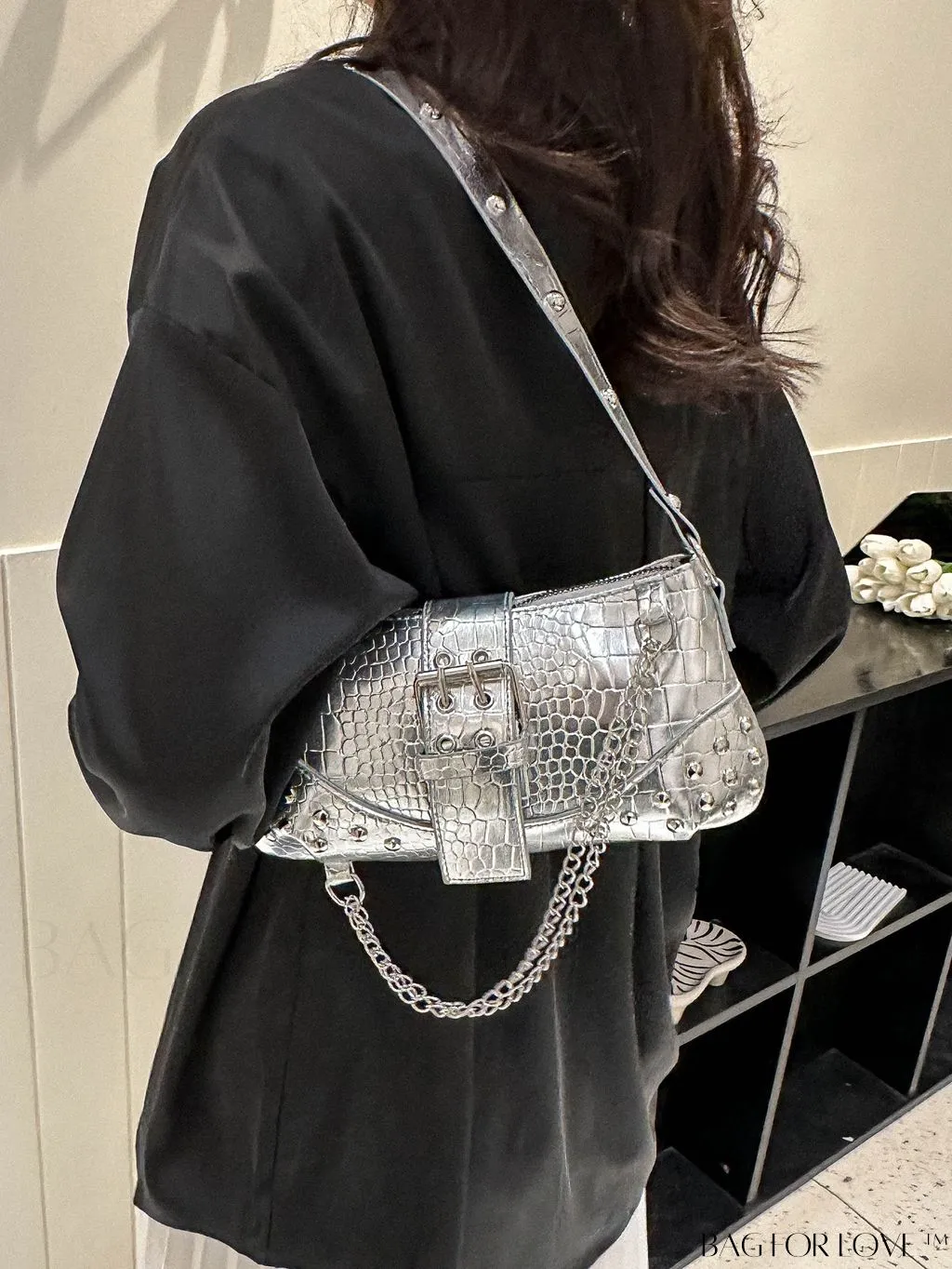BagForLove - Crocodile Embossed Baguette Bag with Studded & Buckle Embellishments
