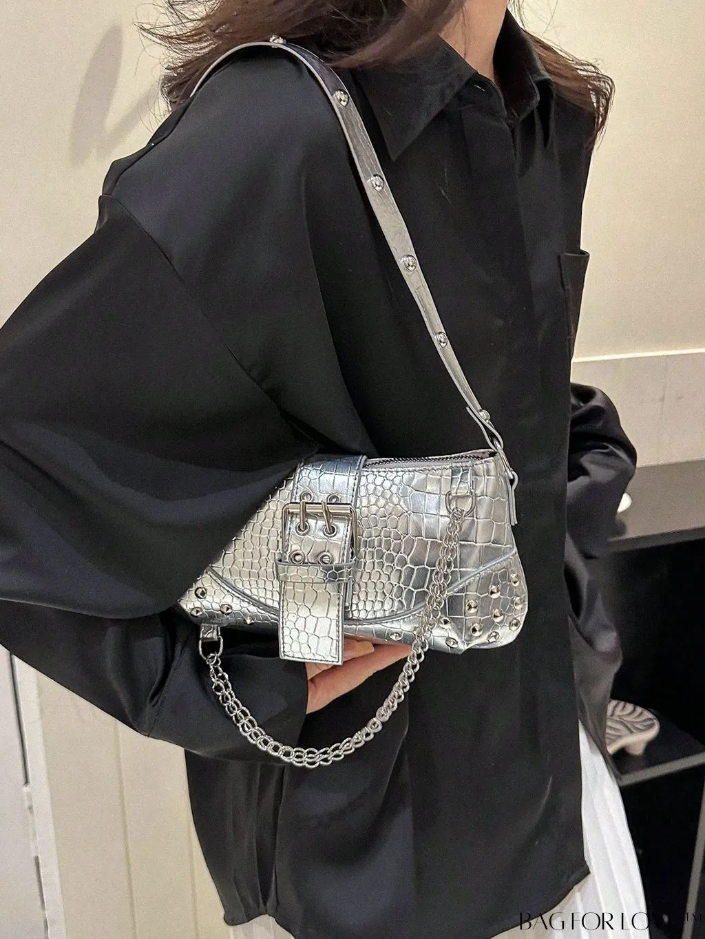 BagForLove - Crocodile Embossed Baguette Bag with Studded & Buckle Embellishments