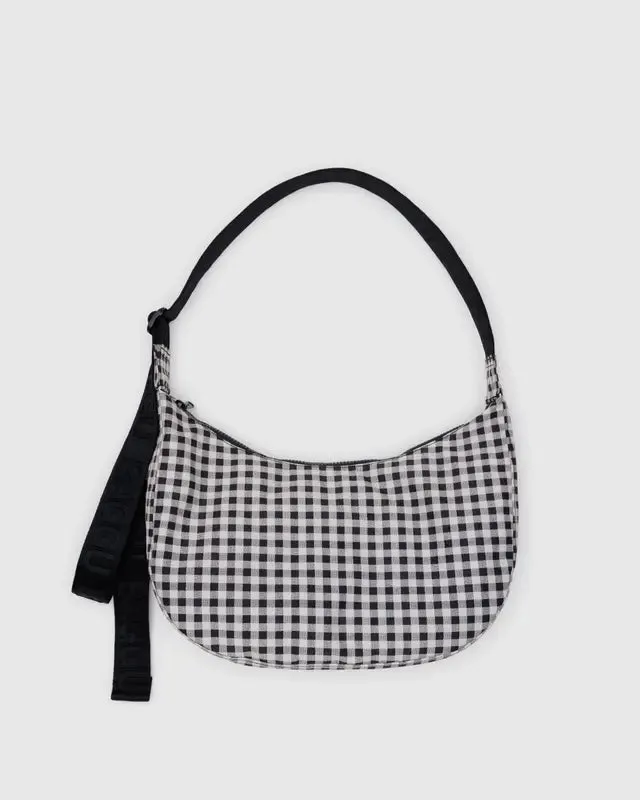 BAGGU Medium Nylon Crescent Bag - Black & White Gingham