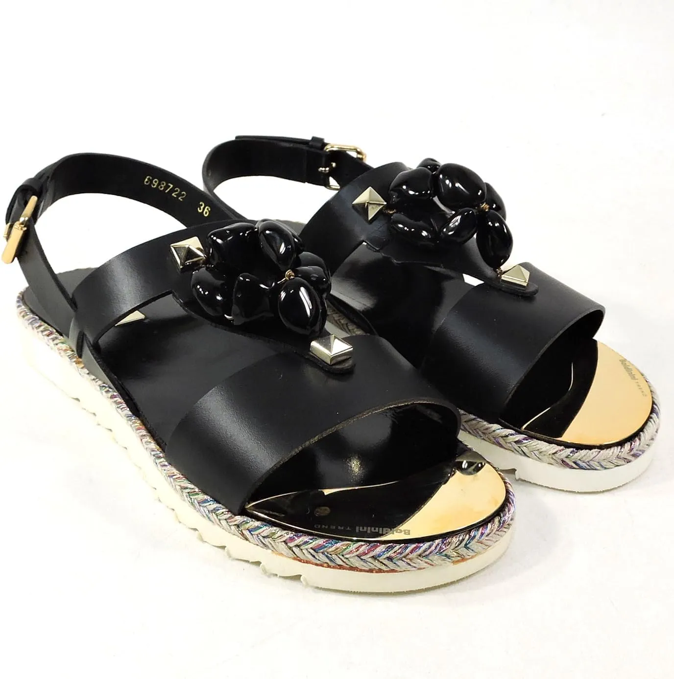 Baldinini Women's Black Leather Flat Sandals with Floral Woven Sole, Embellished Straps