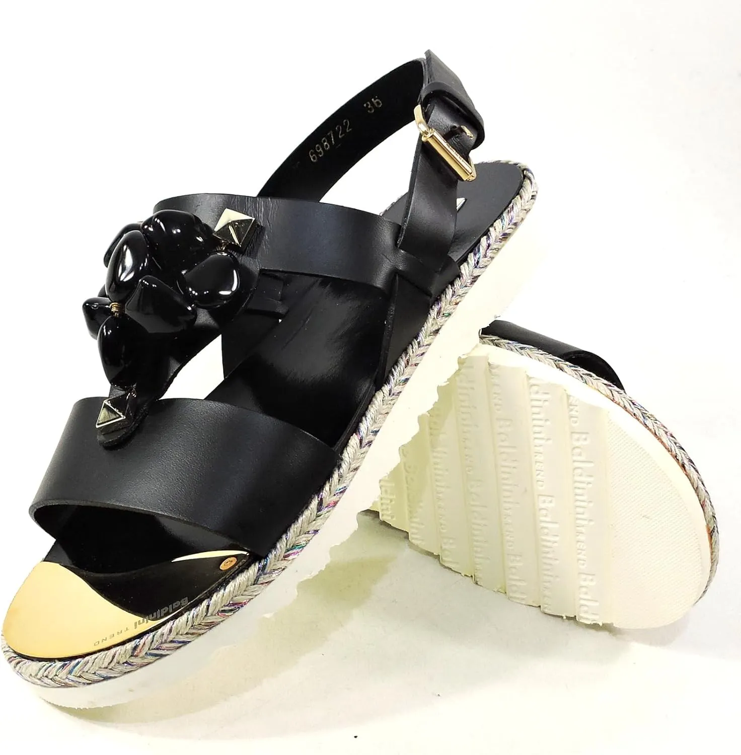 Baldinini Women's Black Leather Flat Sandals with Floral Woven Sole, Embellished Straps