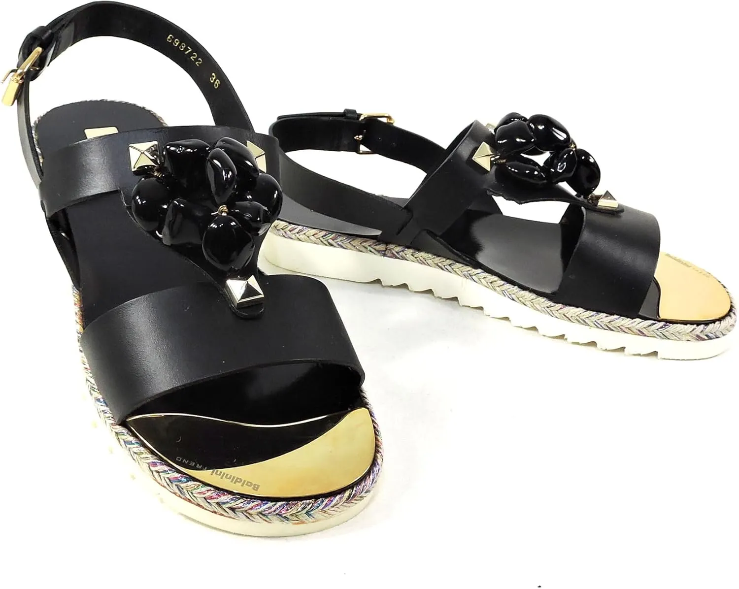 Baldinini Women's Black Leather Flat Sandals with Floral Woven Sole, Embellished Straps