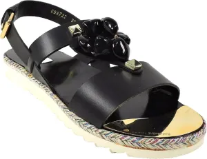 Baldinini Women's Black Leather Flat Sandals with Floral Woven Sole, Embellished Straps