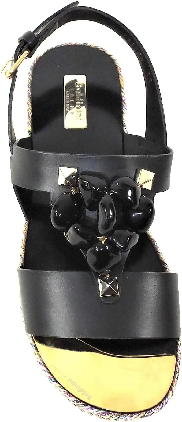 Baldinini Women's Black Leather Flat Sandals with Floral Woven Sole, Embellished Straps