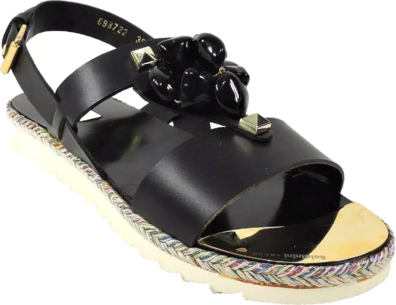 Baldinini Women's Black Leather Flat Sandals with Floral Woven Sole, Embellished Straps
