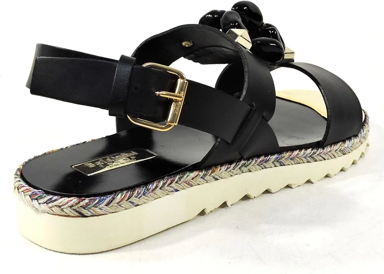 Baldinini Women's Black Leather Flat Sandals with Floral Woven Sole, Embellished Straps