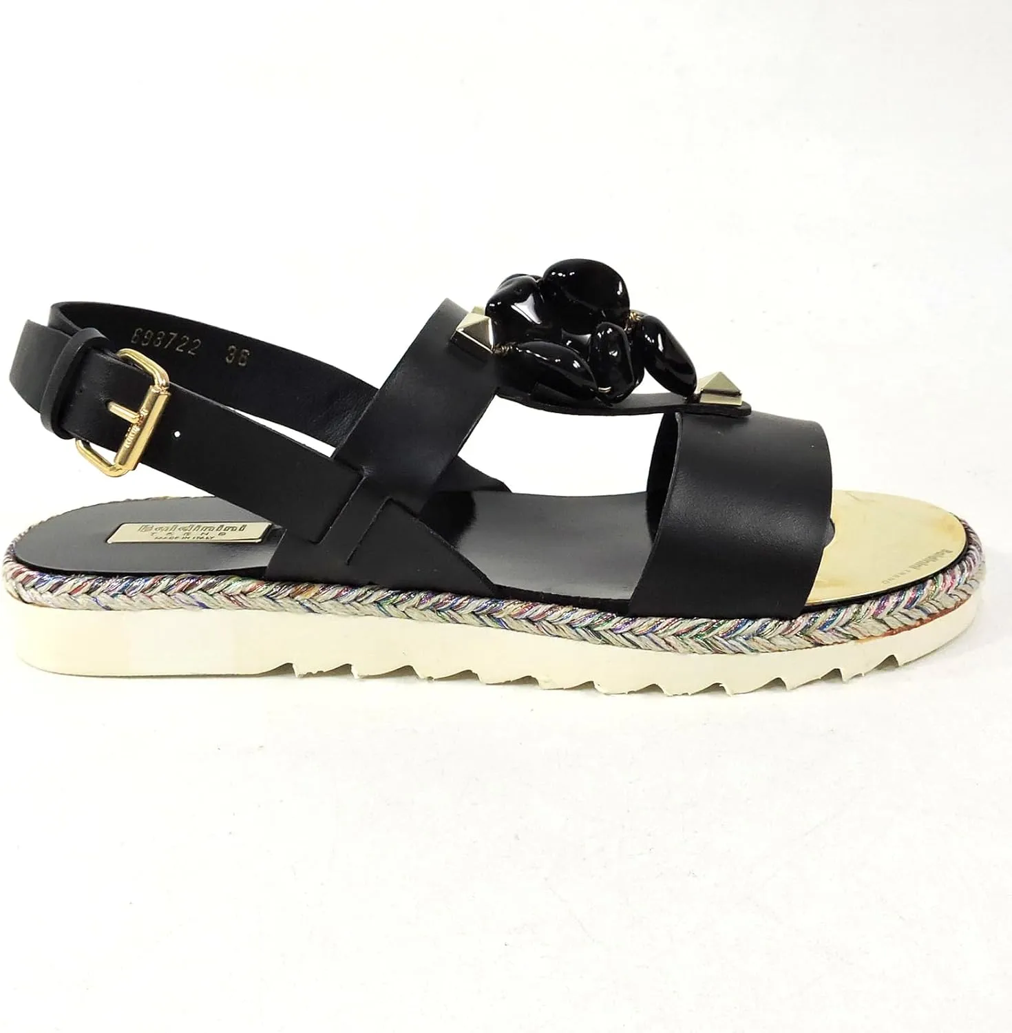 Baldinini Women's Black Leather Flat Sandals with Floral Woven Sole, Embellished Straps