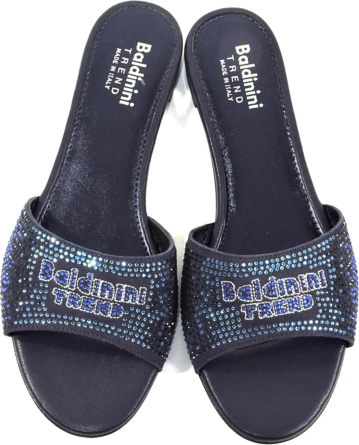 Baldinini Women's Navy Blue Crystal Embellished Slide Sandals, Leather Comfort Mules, Flat Summer Shoes