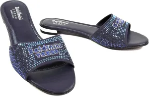 Baldinini Women's Navy Blue Crystal Embellished Slide Sandals, Leather Comfort Mules, Flat Summer Shoes