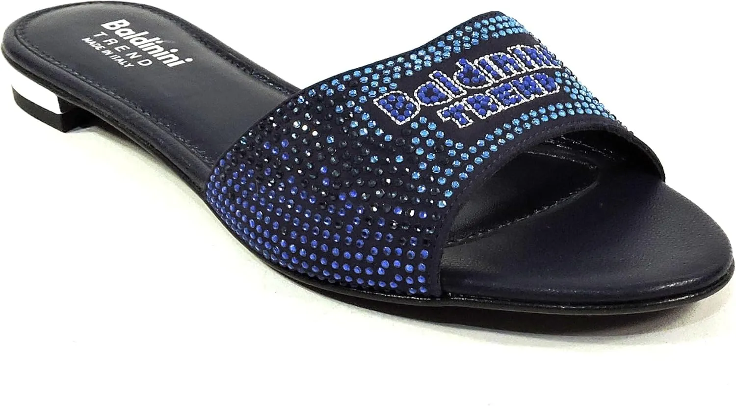 Baldinini Women's Navy Blue Crystal Embellished Slide Sandals, Leather Comfort Mules, Flat Summer Shoes