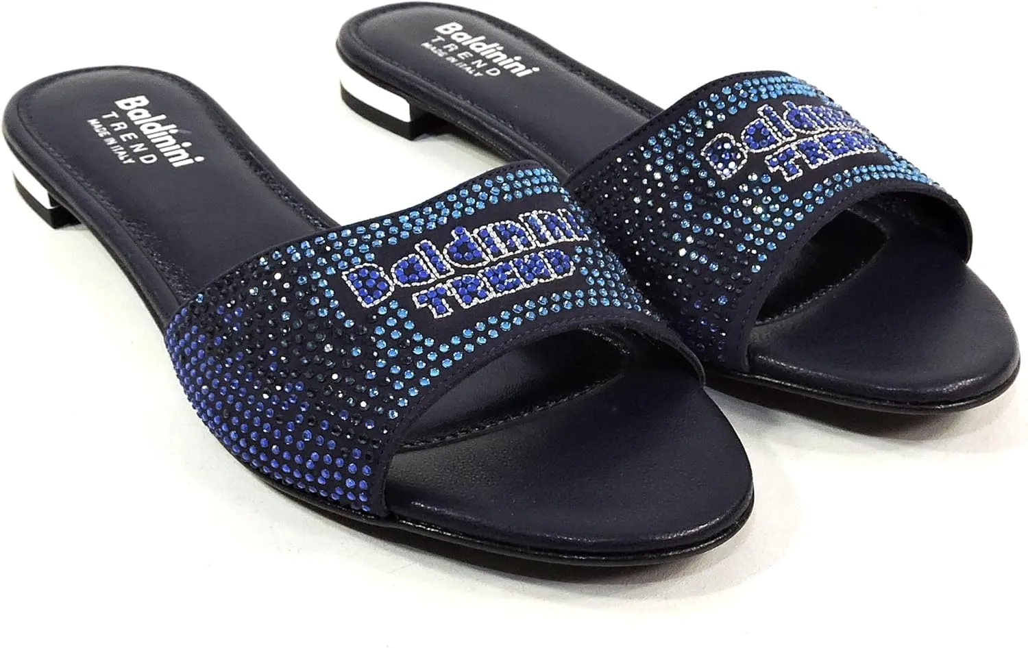 Baldinini Women's Navy Blue Crystal Embellished Slide Sandals, Leather Comfort Mules, Flat Summer Shoes