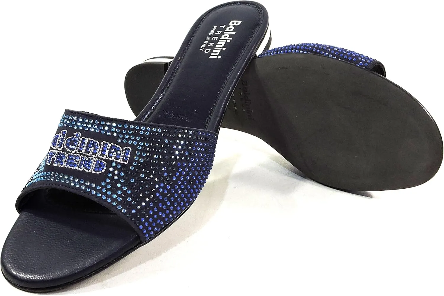 Baldinini Women's Navy Blue Crystal Embellished Slide Sandals, Leather Comfort Mules, Flat Summer Shoes