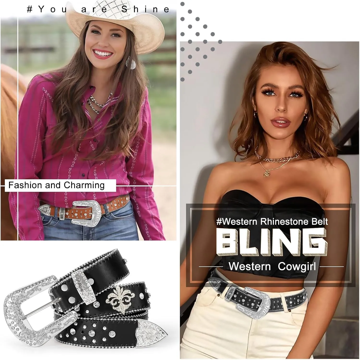 Balteus Sparkly Rhinestone Diamond Sequin Studded Belt for Men & Women - Western Cowgirl Cowboy Style