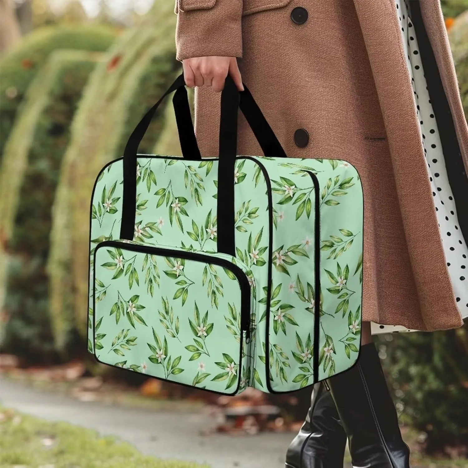 Bamboo Sewing Machine Carrying Case, Plants Portable Sewing Machine Carry Bag with Zippers Tote Cover Bag with Pocket and Handles Suitable for Most Standard Sewing Machines