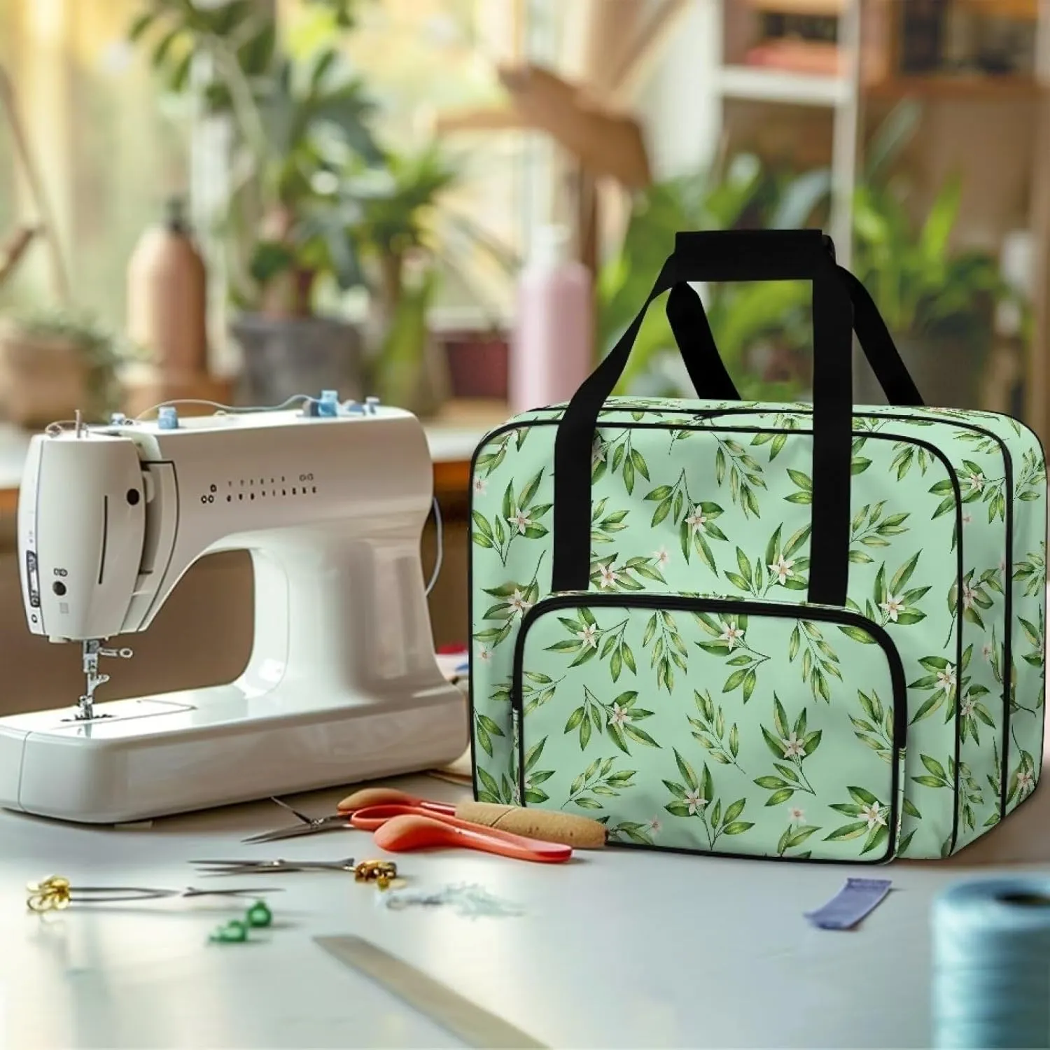 Bamboo Sewing Machine Carrying Case, Plants Portable Sewing Machine Carry Bag with Zippers Tote Cover Bag with Pocket and Handles Suitable for Most Standard Sewing Machines