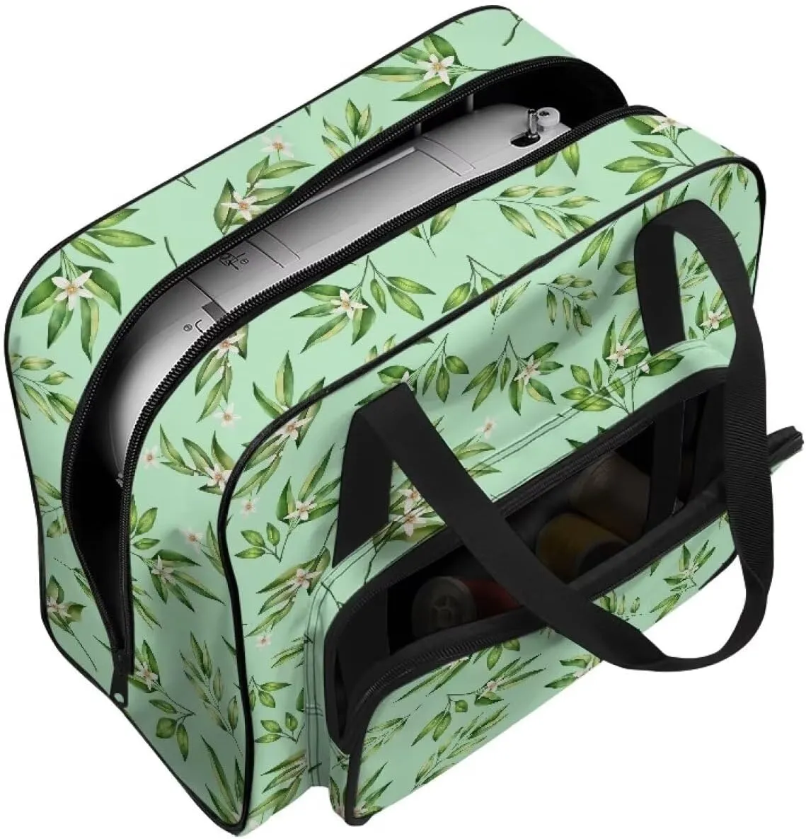 Bamboo Sewing Machine Carrying Case, Plants Portable Sewing Machine Carry Bag with Zippers Tote Cover Bag with Pocket and Handles Suitable for Most Standard Sewing Machines