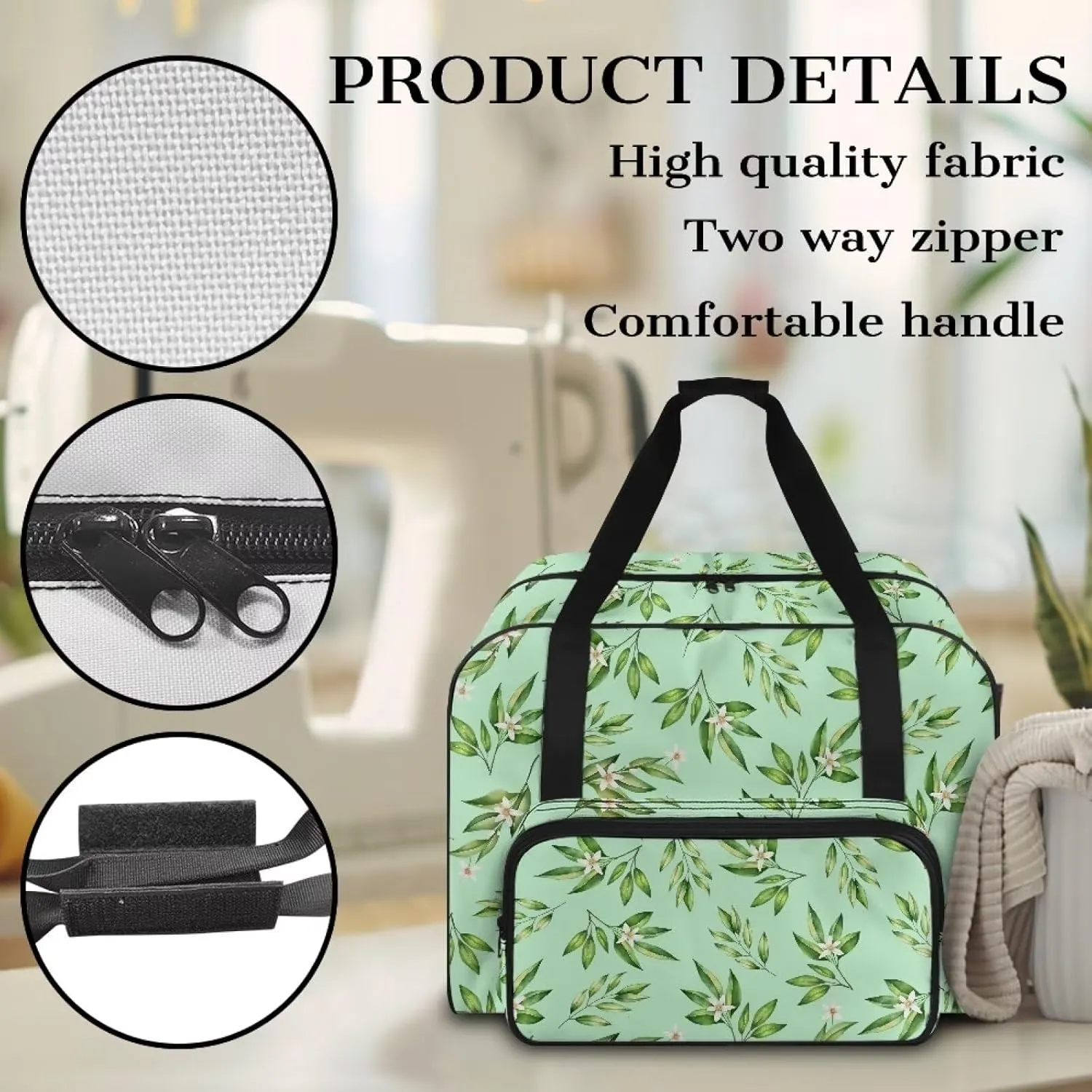Bamboo Sewing Machine Carrying Case, Plants Portable Sewing Machine Carry Bag with Zippers Tote Cover Bag with Pocket and Handles Suitable for Most Standard Sewing Machines
