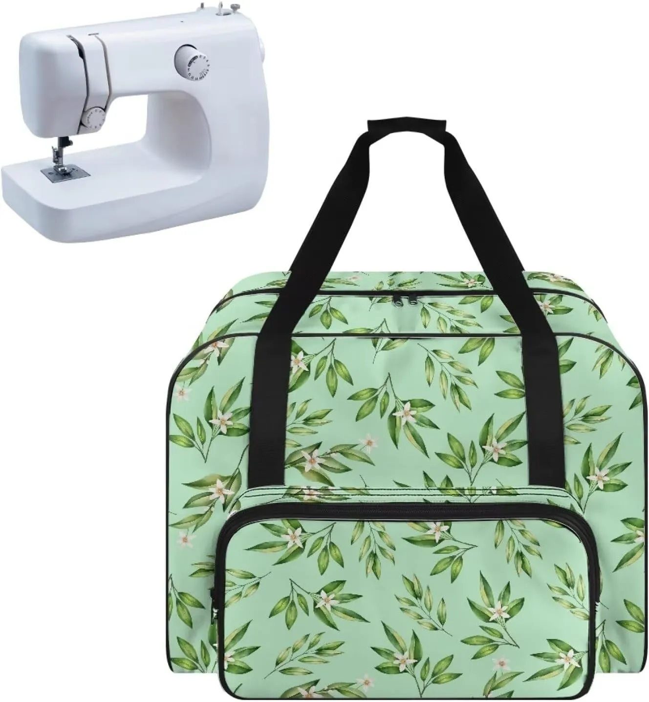 Bamboo Sewing Machine Carrying Case, Plants Portable Sewing Machine Carry Bag with Zippers Tote Cover Bag with Pocket and Handles Suitable for Most Standard Sewing Machines