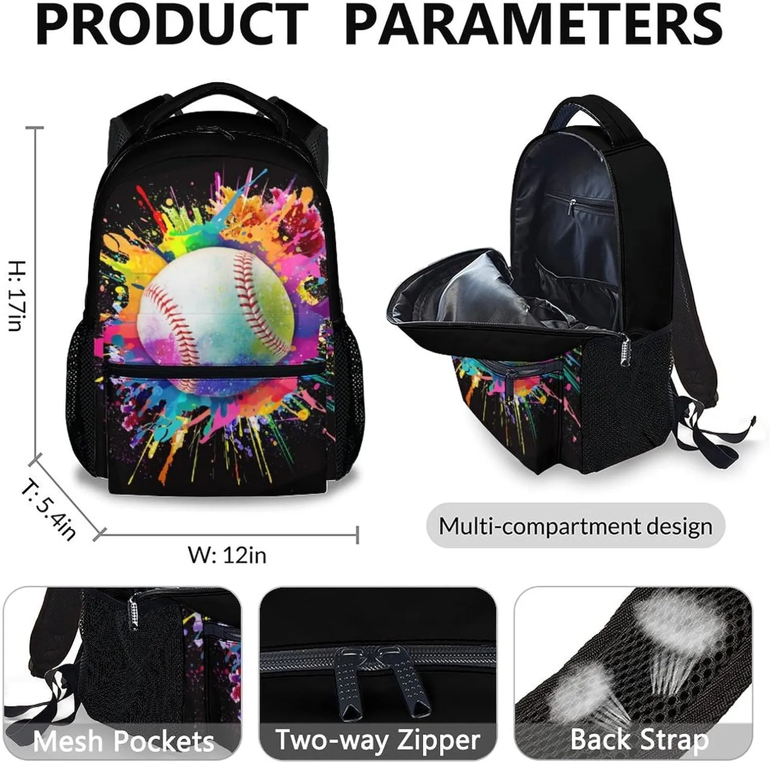 Baseball Backpack, Kids School Bag for Boys, Set of 3 Preschool Elementary Kindergarten Backpack, 17 Inch Bookbags for School Travel Hiking Picnic