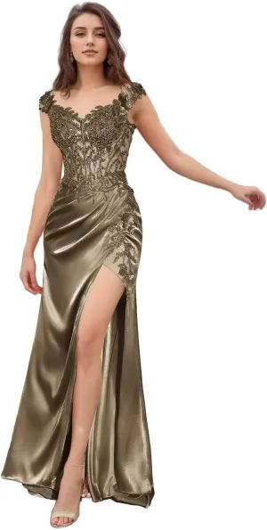 Basgute Satin Prom Dresses for Women Long 2024 3D Flower Lace Applique Off Shoulder Formal Evening Party Gown with Slit