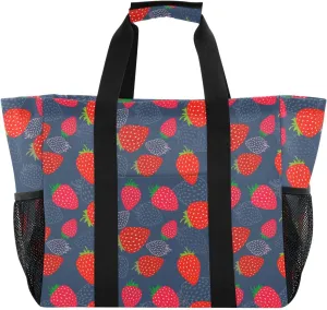 Beach Bag for Women Red Strawberry Leaf Large Tote Bag with Pocket Sandproof Canvas Pool Bags for Beach Pool Travel Gym