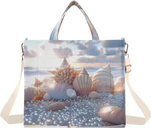 Beach Seashell Sunrise Corduroy Tote Bag for Women Large Shoulder Bag with Pockets for Beach Work Travel Shopping S