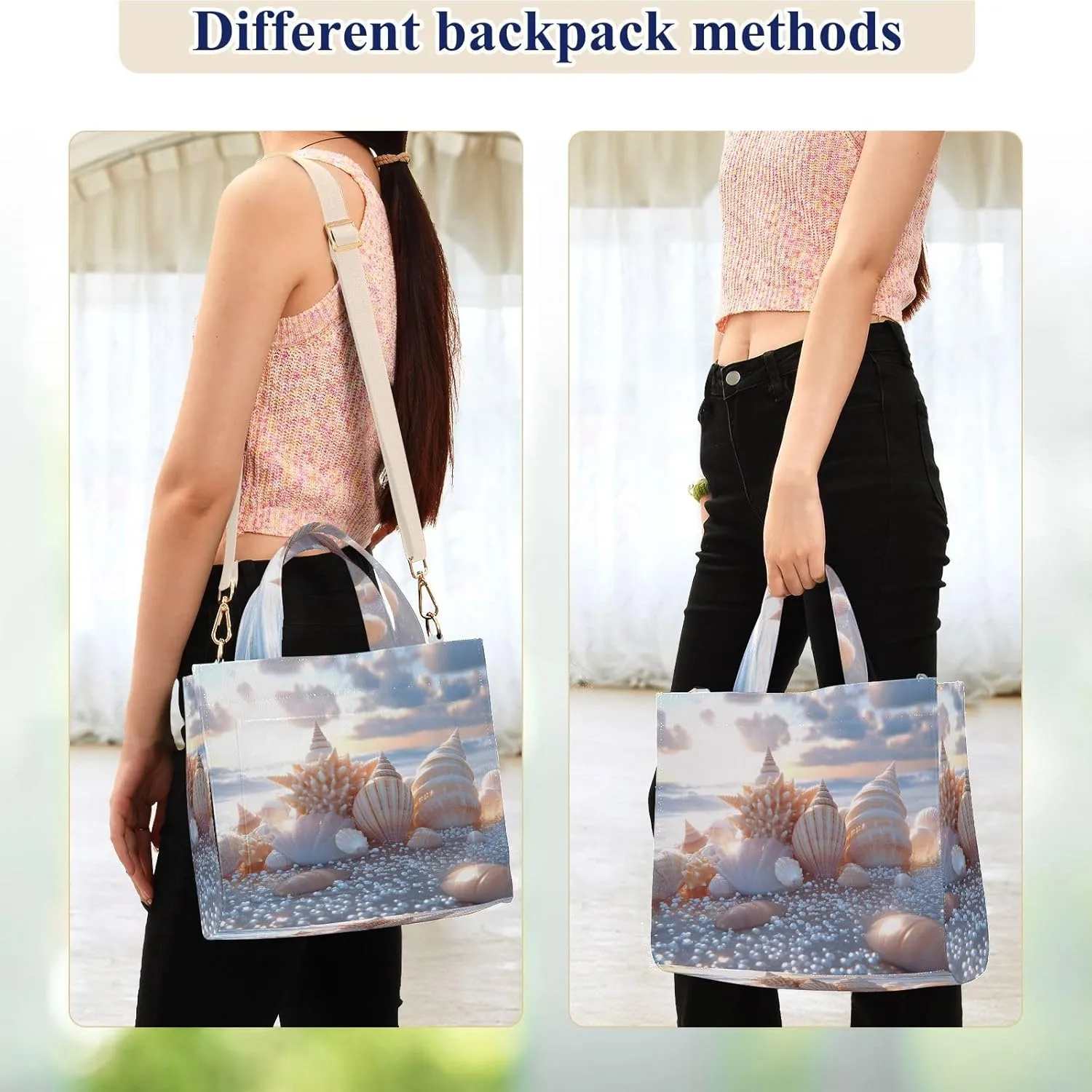 Beach Seashell Sunrise Corduroy Tote Bag for Women Large Shoulder Bag with Pockets for Beach Work Travel Shopping S