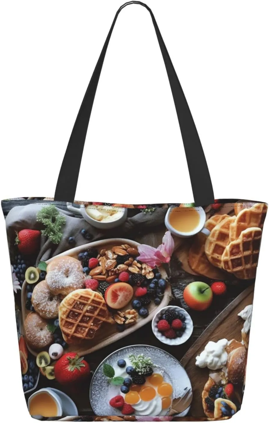 Beautiful Breakfast Tote Bag for Women Large Shoulder Bag with Zipper Travel Handbag with Pockets Reusable Shopping Bag Aesthetic Beach Bags